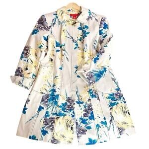 Vintage A|Line Yellow Floral‎ 100% Cotton Trench Coat Large (I-264)